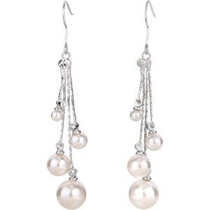Women's Silver-tone Crystal Simulated Pearl 4 Chain Bridal Long Dangle Hook Earr